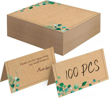100 PCS Kraft Place Cards, Small Tent Cards with Green Plant Design Delicate Seating Cards Blank Name Cards Escort Cards for Wedding, Table, Dinner Parties, Receptions (2” x 3.5”, Greenery Design)