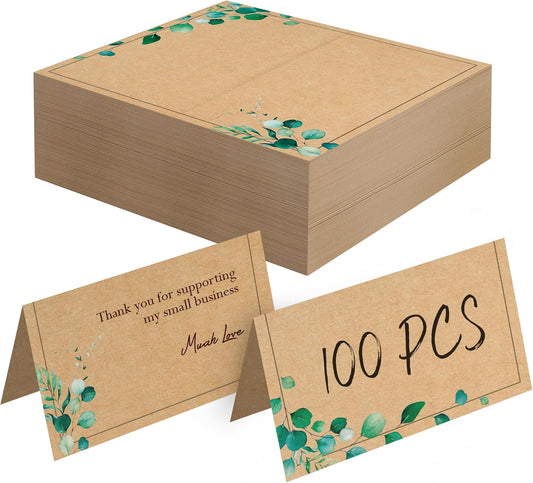 100 PCS Kraft Place Cards, Small Tent Cards with Green Plant Design Delicate Seating Cards Blank Name Cards Escort Cards for Wedding, Table, Dinner Parties, Receptions (2” x 3.5”, Greenery Design)