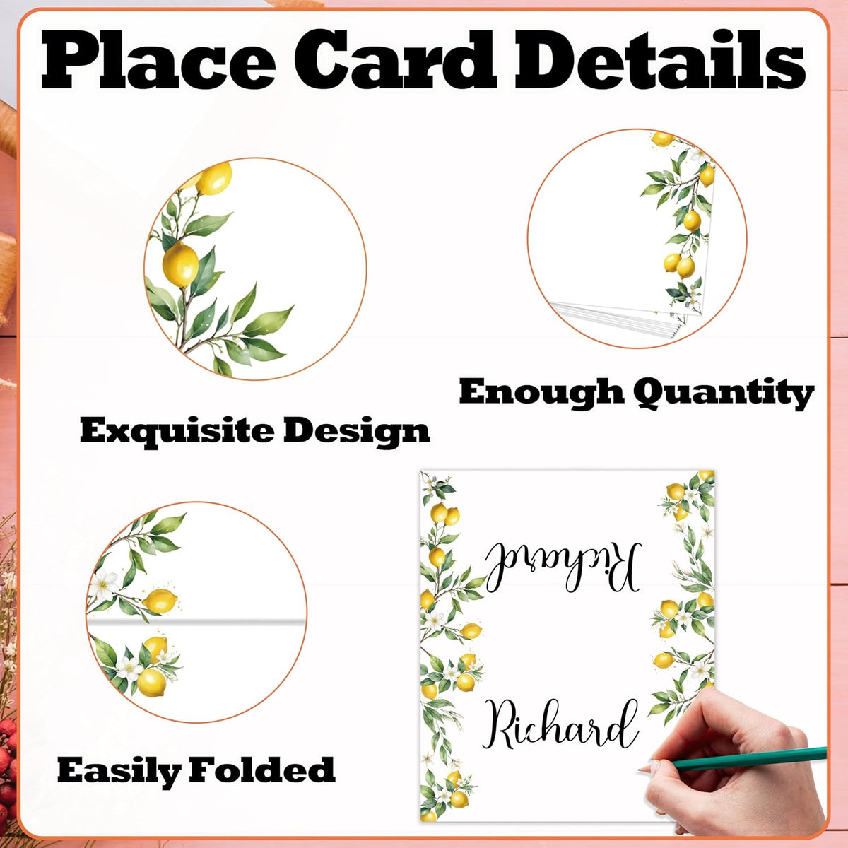 Lemon On Branch Place Cards For Girls, Italy Yellow Lemon Name Card For Table Setting, Spring Summer Party Favors Supplies, Mediterranean Tent Cards Decor For Bridal Shower Wedding Baby Shower -13