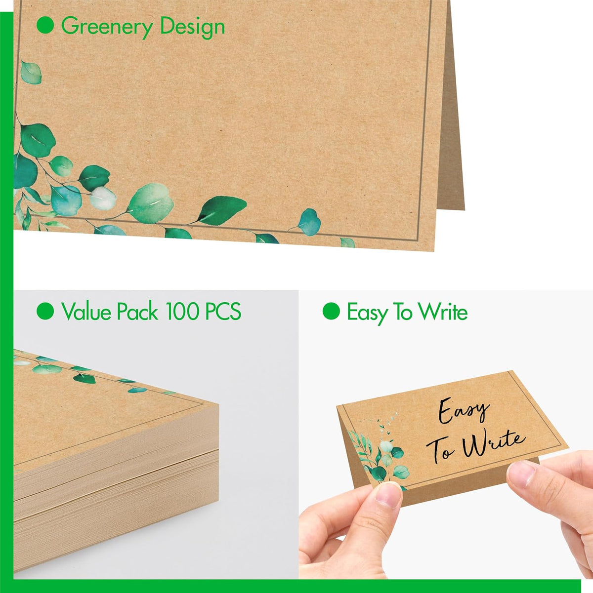 100 PCS Kraft Place Cards, Small Tent Cards with Green Plant Design Delicate Seating Cards Blank Name Cards Escort Cards for Wedding, Table, Dinner Parties, Receptions (2” x 3.5”, Greenery Design)