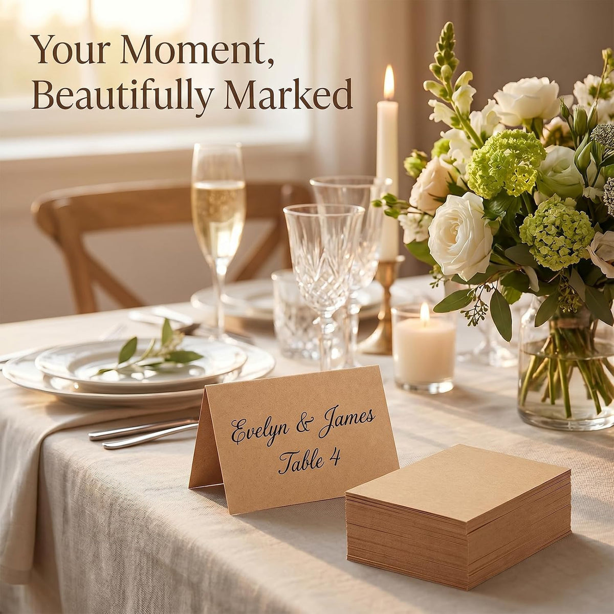 100Pcs Place Cards for Wedding Table Seating Chart, Blank Folded Write-On Kraft Paper Name Tent Cards & Food Labels for Party Buffet, Reception Supplies for Dinner Parties, Banquets, Events