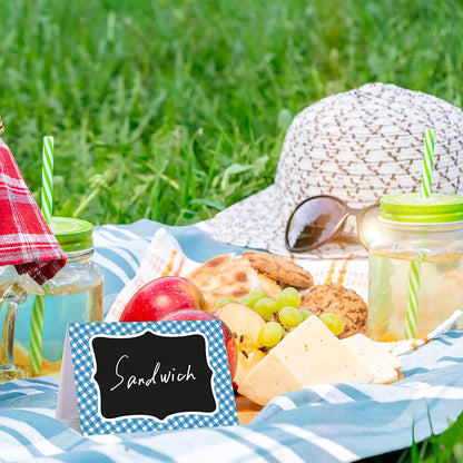 24 Pcs Blue Gingham Food Labels, 4 x 6 Inch Tent Cards for Oktoberfest