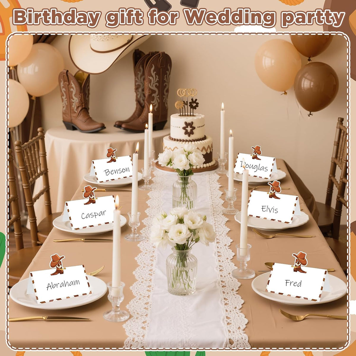 Brown Cowboy Place Card for Table Setting Western Themed Name Card Placecards Cowboy Hat Boots Table Tent Name Card for Boys Men Birthday Party Decoration, Wedding, Dinner Party Favor Supplies Decor