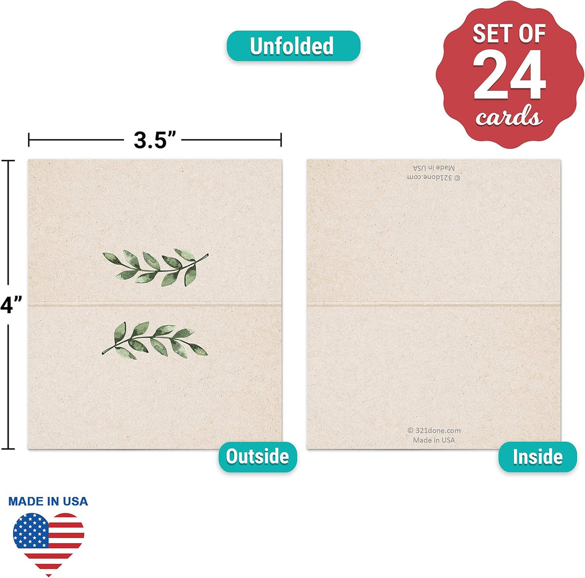 321Done Place Cards, Name Cards, 3.5x2, Set of 24, Green Leaves Tan